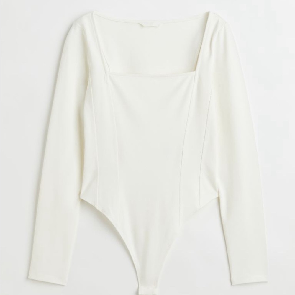White square neck cotton long sleeve bodysuit | size XS